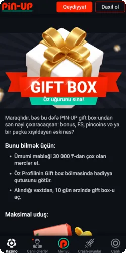 Pin Up gift box aksiyasında 30 000 ₼-dən çox mərc edərək bonus, FS və pincoins qazanmaq şərtləri