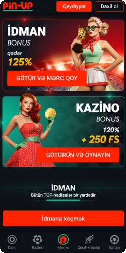Pin Up idman bonusu 125% və kazino bonusu 120% + 250 FS olan əsas bonus təklifləri