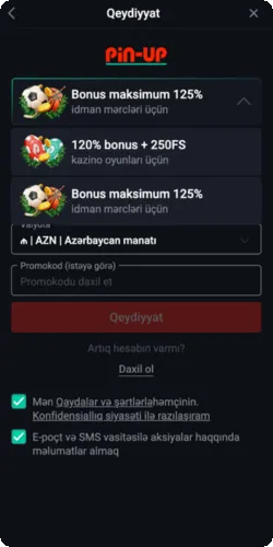 Pin Up qeydiyyat formasında promokod sahəsi və mövcud bonus seçimləri: 125% idman, 120% kazino